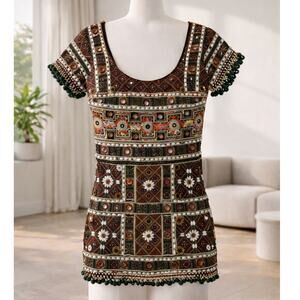 Raasta Artisan Top Womens Small Brown Beaded Embroidered Boho Open Tie Back